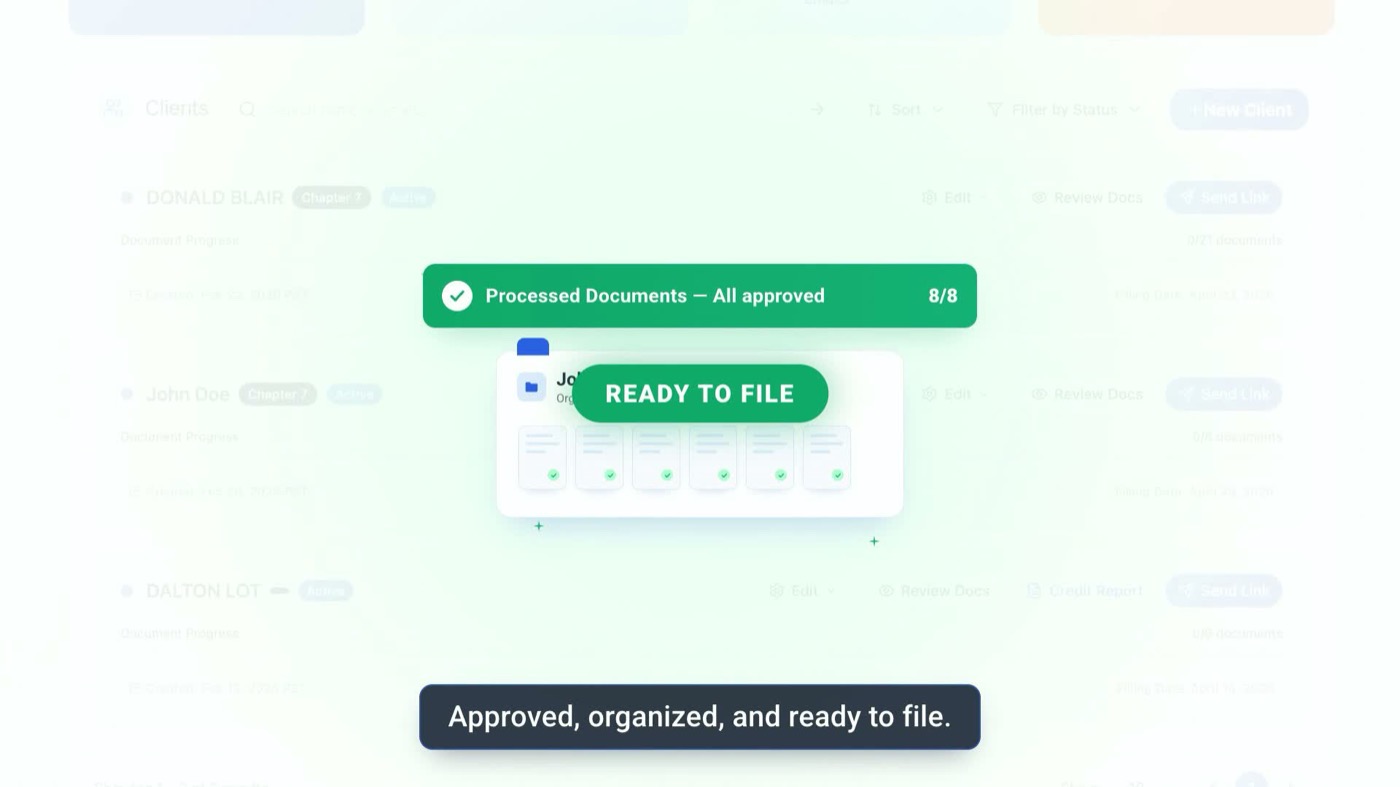 Team view: processed documents all approved, ready to file
