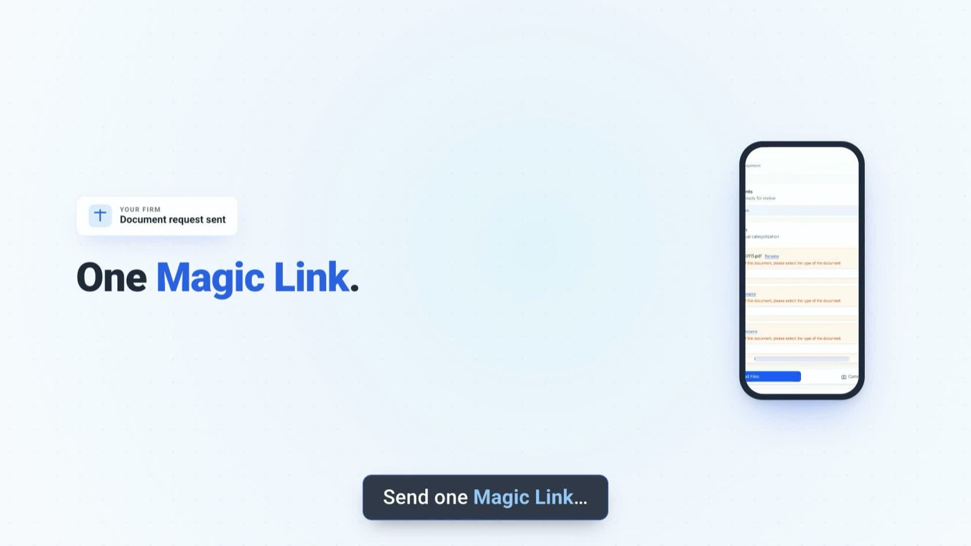 Client phone view: one magic link to upload documents